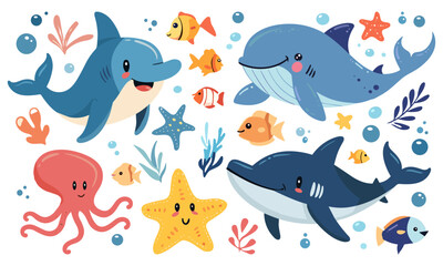 Wall Mural - Cute ocean animals. Octopus seastar fish shark dolphin whale. Underwater wild characters, funny animal cartoon vector set