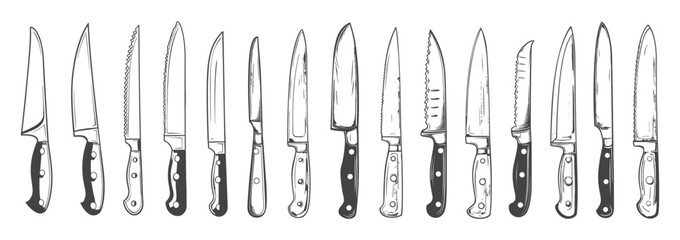 Kitchen knifes set. For bread meat fish vegetables. Chefs equipment for professional cooking Hand drawn sketch style vector clipart