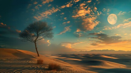 Canvas Print - The image is a beautiful landscape of a desert at sunset. The warm colors of the sky and the sand dunes create a peaceful and serene scene.