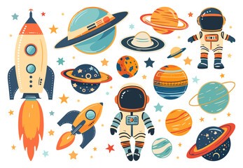 Sticker - universe travel. astronaut in spacesuit planets satellite rocket and space ship. cosmos adventures, 