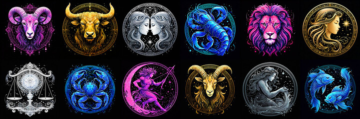 astrology zodiac signs banner on black background. celestial horoscope constellation symbols collect