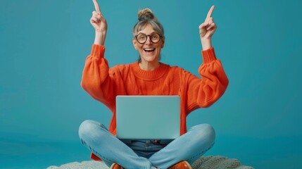 Sticker - Cheerful Woman with Laptop Celebrating