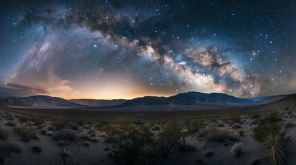 Poster - Amazing view of the night sky full of stars in the desert with mountains in the background.