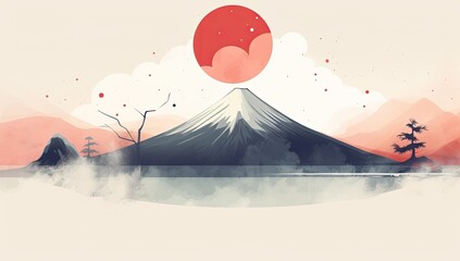Wall Mural - Enchanted Horizon: Dreamy Illustration Featuring Mountains and Ethereal Sky