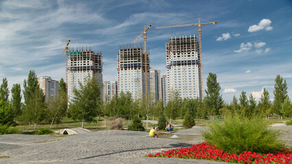 Overview of a large construction site timelapse near the Independence Square in Astana