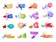 Megaphone ads. Announce banners or badges with megaphone pictures and place for personal text recent vector templates