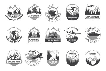 Wall Mural - Outdoor badges. Travelling logo adventure and exploring time climbing hiking riding camping recent vector outdoor exploration tours