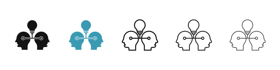 Share thoughts icon set. two person knowledge sharing icon. expert mentor meeting sign for UI designs.