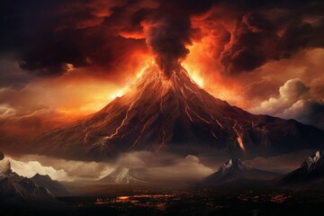 Wall Mural - Dramatic landscape of an active volcano erupting with glowing lava and ash against a fiery sunset sky