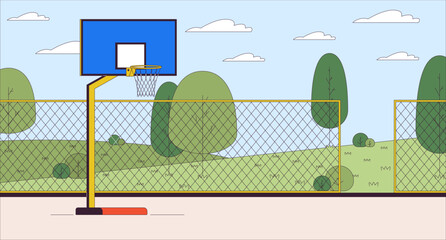 Poster - Basketball court cartoon flat illustration. Team ball game. Urban sportsground with equipment 2D line landscape colorful background. City park with sports field scene vector storytelling image
