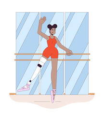 Poster - Disabled ballerina line cartoon flat illustration. African american woman with leg prosthesis dancing 2D lineart character isolated on white background. Disability dancer scene vector color image