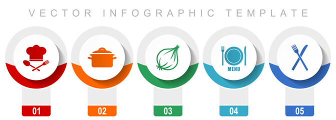 Fototapete - Food icon set, miscellaneous vector icons such as chef hat, pot, onion, menu and cutlery, modern design infographic template, web buttons in 5 color options