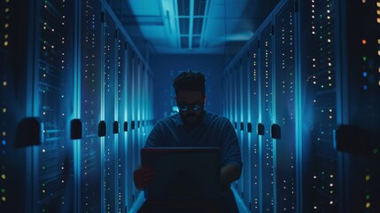 Poster - Male IT engineer working on a laptop in front of server cabinets at a big data center. Rows of rack servers are visible.