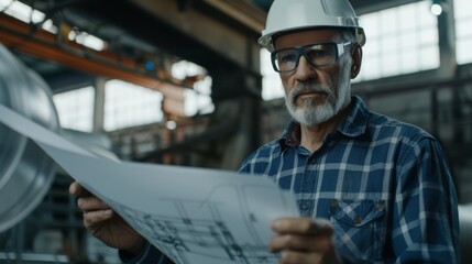 Poster - In a factory, a senior engineer looks at a blueprint in a hardhat.