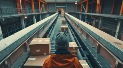 Wall Mural - Post Sorting Office worker puts parcel from moving belt conveyor. Box perspective.