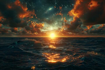 Wall Mural - a beautiful sunset over the ocean with a bright orange sun