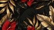 An exotic red heliconia flower with black and gold leaves on a dark background. A beautiful botanical design with golden smear and tropical jungle leaves. Perfect for holiday cards, wedding