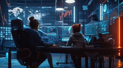 Poster - A Chief Statistician consults his young assistant at his workstation surrounded by monitors displaying data and graphs in the Data Mining Center.