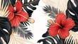 Black and gold tropical leaves on a white background modern. Beautiful elements of botanical art. Tropical leaves, an exotic red hibiscus flower.