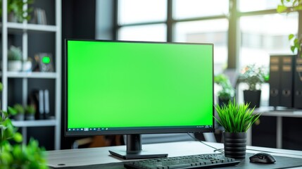 Poster - Green screen monitor mock-up on office desk with stylish creative office in the background.