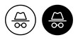 © Digisha - Incognito icon set. Secret spy with hat. Hidden private web browser vector symbol. Undercover investigation agent sign. Criminal mafia or gangster icon. Scammer person symbol.