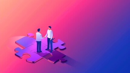 Poster - Isometric concept with two businessmen shaking hands on a puzzle. Successful conclusion of a deal, partnership, cooperation, recruiting agency website.