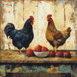 A painting of a rooster and a hen standing next to each other with a bowl of nuts between them