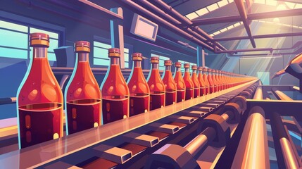Aufkleber - This is a cartoon modern illustration of glass bottles on a conveyor belt. An interior scene of a factory or plant with moving production lines and alcohol bottles on them.