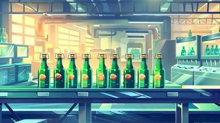 Aufkleber - Animated cartoon illustration of glass bottles on a conveyor belt. An interior shot of a factory or plant with a moving production line and alcohol glass bottles on it, showing manufacture.