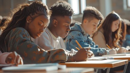 Poster - a row of students from diverse backgrounds taking exams, taking tests, and writing in notebooks in a