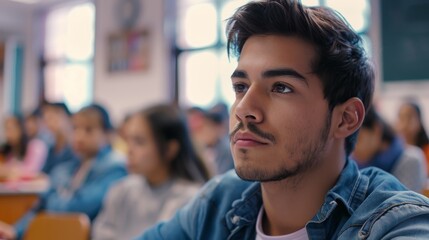 Poster - stunning and smart hispanic man listens to a lecture in a classroom full of multi-ethnic students. s