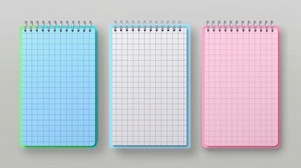 Poster - Sheets for notepads. Notepad paper with iron spiral isolated on gray background. Lined, checkered, and dot pages.
