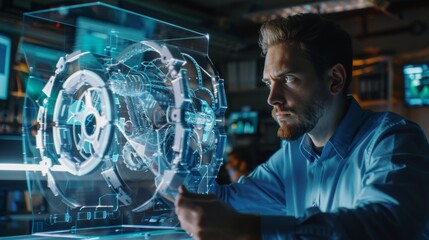 Poster - Future Engineer Constructs 3D Model of Nextgen Gear Box on Transparent Computer Display. He Works in an Office that is Bright and Modern.