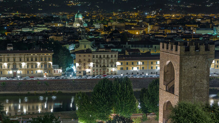 Poster - Night view timelapse of the Gate of Saint Nicholas, Synagogue, Arno river from Piazzale Michelangelo. Florence, Italy.