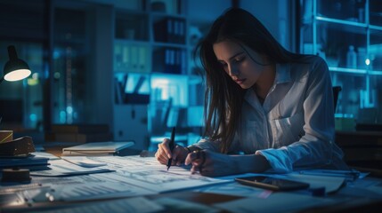 Poster - She is working late at night on drafts. Her office is empty, blue city lights shine through windows.
