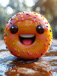 3D rendering of a cheerful, animated donut character with a big smile,natural outdoor setting. The donut is orange with colorful sprinkles and displays joyful expressions in different angles