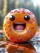 3D rendering of a cheerful, animated donut character with a big smile,natural outdoor setting. The donut is orange with colorful sprinkles and displays joyful expressions in different angles