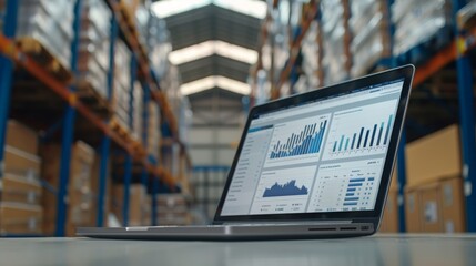 Poster - Stands in warehouse with laptop screen displaying infographics with graphs and statistics.