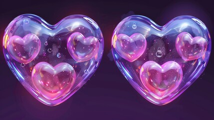 Poster - Realistic 3D modern set with soap bubbles shaped like heart bursts. Computer/web/motion design, love development storyboard, game user interface GUI elements.