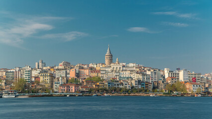 Sticker - Beyoglu district historic architecture and Galata tower medieval landmark timelapse in Istanbul, Turkey