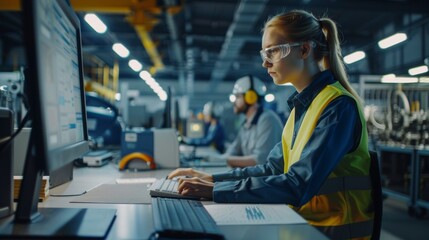Poster - A female Chief Project Engineer supervises a male Mechanical Engineer as he works on a personal computer inside a manufacturing factory.
