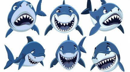 Wall Mural - An adorable shark character with multiple emotions isolated on a white background. Mascot fish with teeth smiling, angry, hungry, sad, surprised. Individual emojis, chatbot for animals.