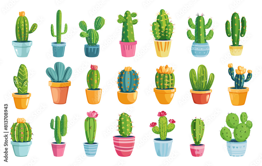 Cartoon Cacti of Different Kinds in a Set. Brightly Colored Cacti of ...