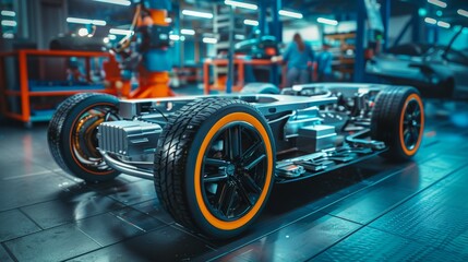 Poster - This is a shot of a hybrid car chassis containing wheels, engine, brakes, and battery, in an innovative automotive design facility. A focus on wheels is shown.