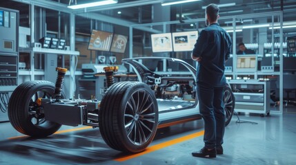 Wall Mural - An automotive design engineer is thinking about the design of a prototype for an electric car chassis. In the innovation laboratory, a concept vehicle frame for the model is included with wheels and