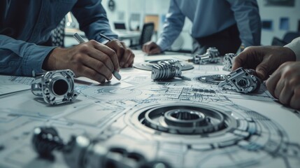 Poster - An industrial engineering facility: Close-up of Engineers, Technicians, and Specialists tracing lines and analyzing engine design technical drafts laid out on the table.