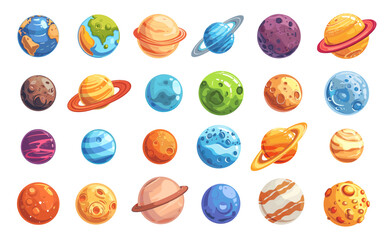 Wall Mural - cartoon space planets, asteroids, and moons set. cosmic celestial bodies icons. isolated vector illu