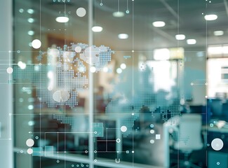 Poster - Abstract digital background with double exposure of office interior and world map pattern, business concept
