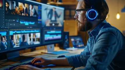 Poster - He works in a cool loft office in headphones, using videos on his personal computer. The creative man wears jeans and a shirt.
