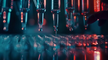 Canvas Print - Laboratory: Pipette Dropping Liquid into Test Tubes, Medical Research and Analysis. Moving Production Line with Dropper Filling DNA Sample Tubes. Close-up Macro.